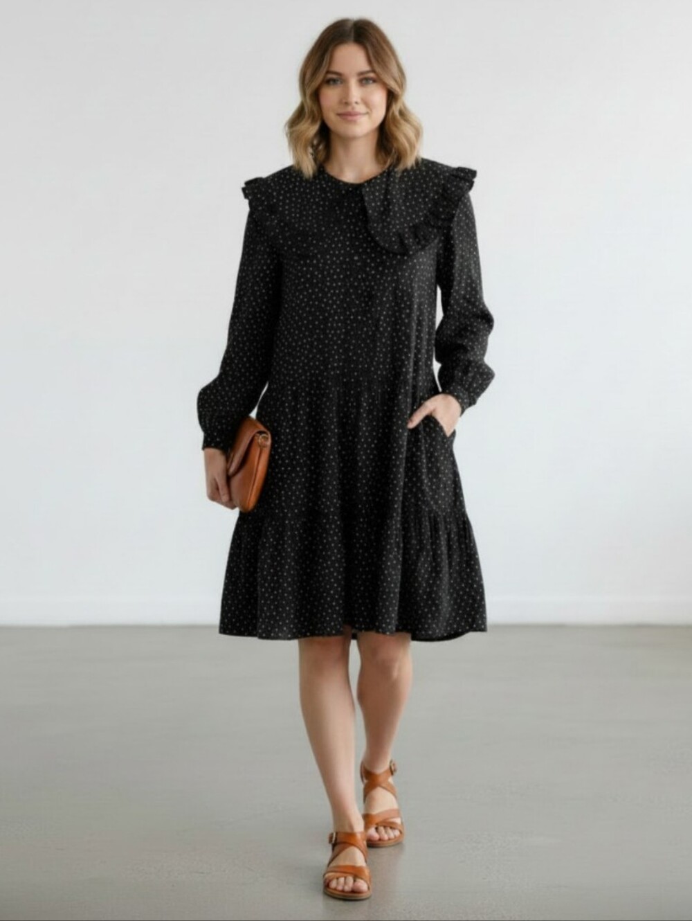 Like New! A New Day Polka Dot Ruffle Neck Baby Doll Dress